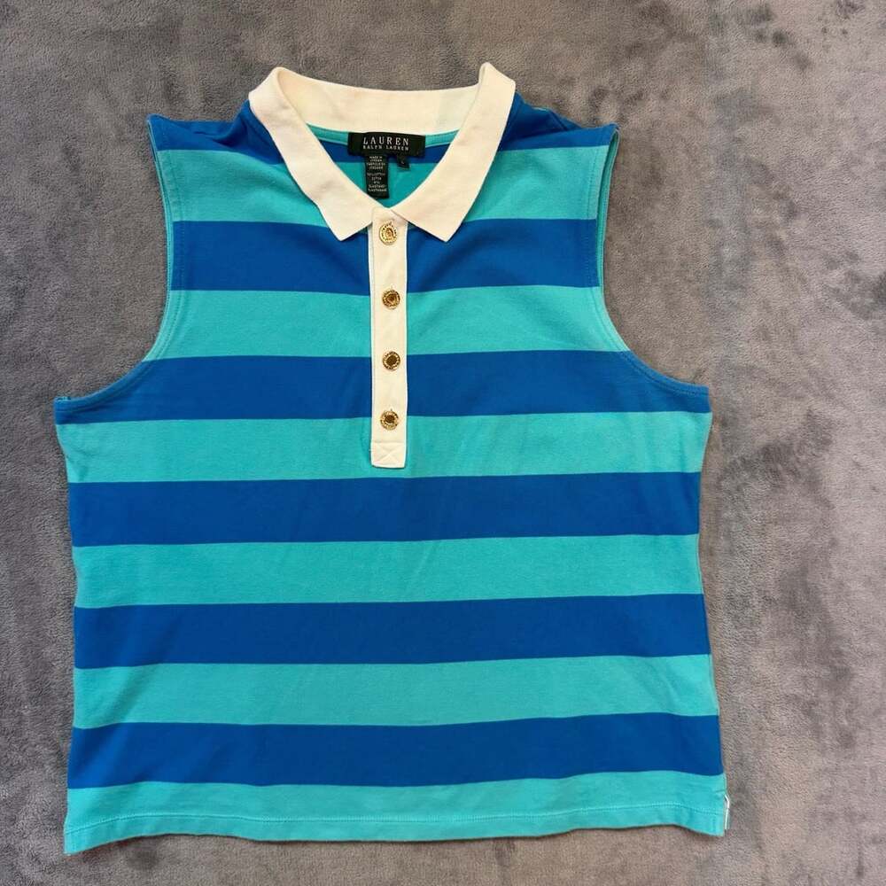 Lauren Ralph Lauren Sleeveless Striped Polo Size L Blue Turquoise